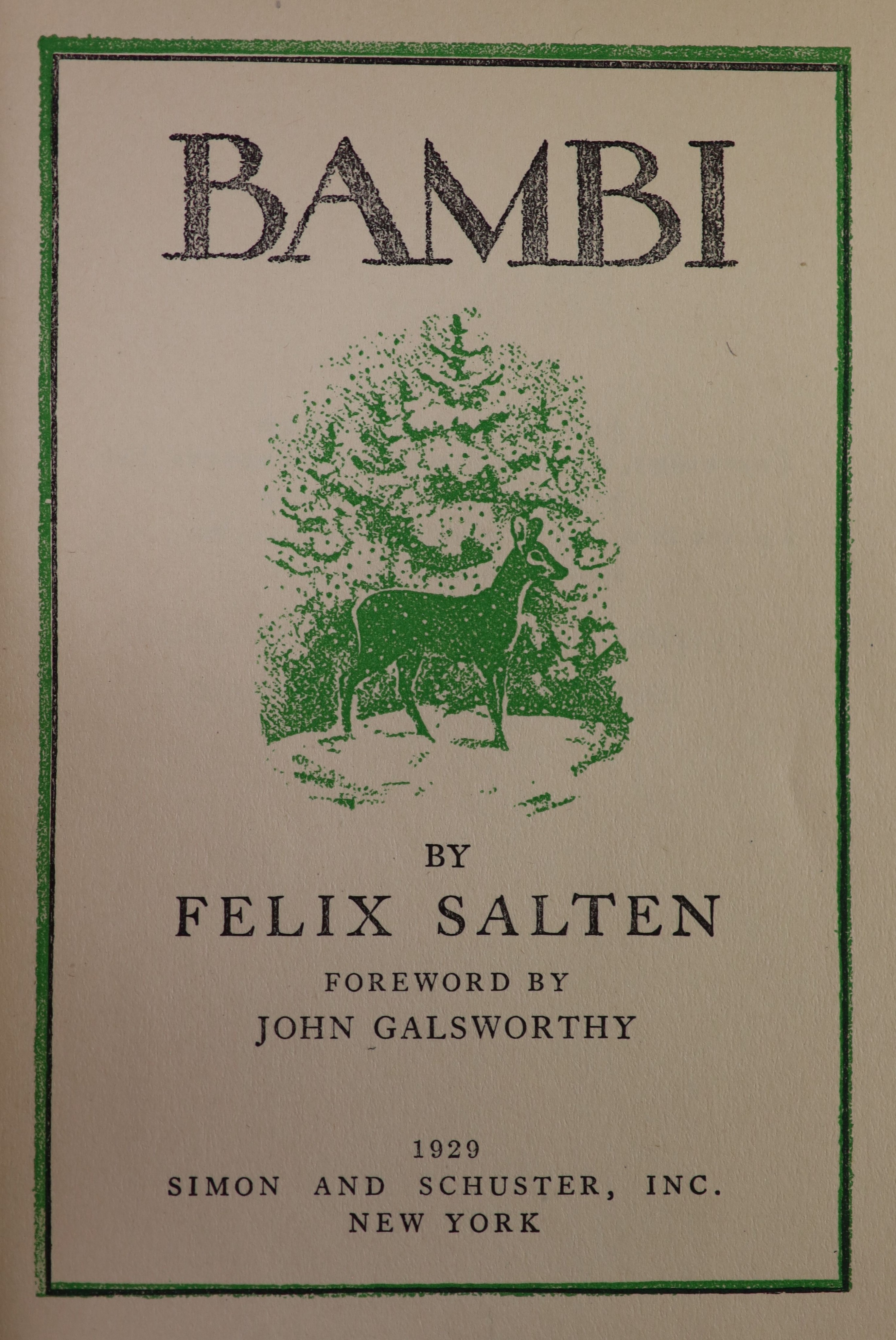 Salten, Felix - Bambi, 8vo, original green cloth, Simon and Schuster, New York, 1929; Raspe, Rudolf Erich - The Adventures of Baron Munchausen, illustrated by Gustave Dore, 8vo, original pictorial cloth, Cassell, Petter